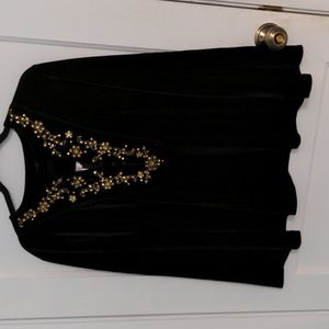 SIL X Size L Black Velvet Tunic Top with Gold Sequins and Silt Bell Sleeves